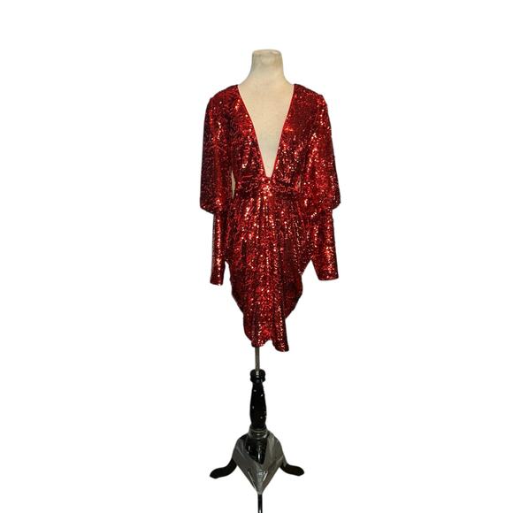Gabrielle Union red sequins long sleeves deep v neck party dress size medium - Picture 10 of 16